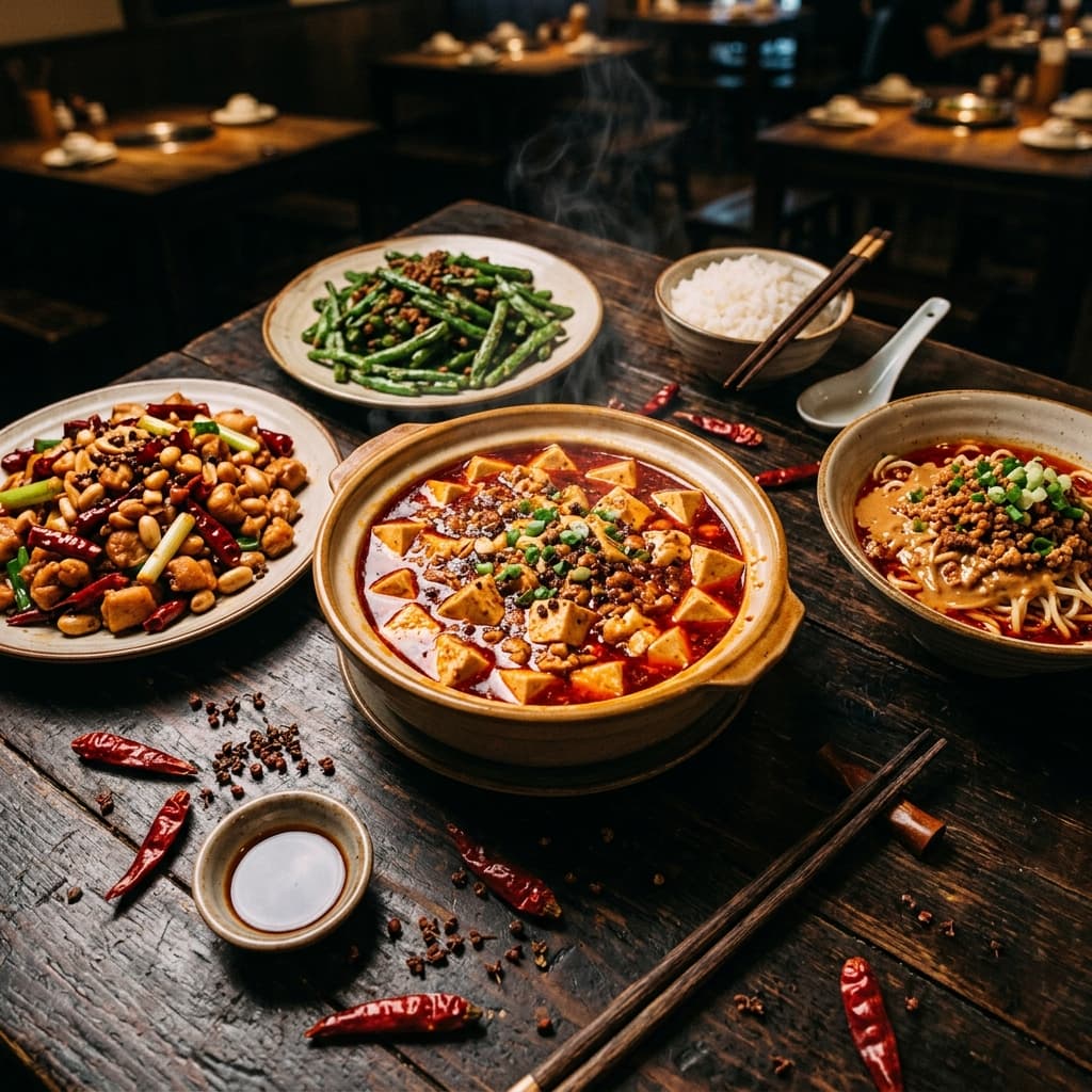 Sichuan dishes including mapo tofu, noodles, chicken with peppers and peanuts, and green beans
